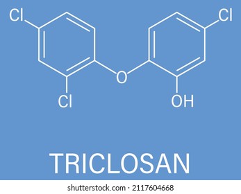 Triclosan antimicrobial molecule. Used in hand soaps, hospital scrubs, deodorants, mouth wash, etc. Skeletal formula.
