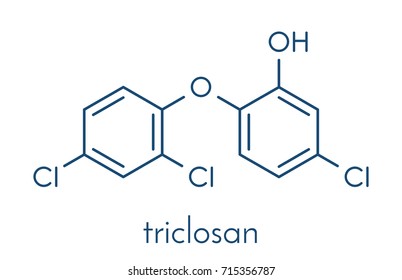 Triclosan antimicrobial molecule. Used in hand soaps, hospital scrubs, deodorants, mouth wash, etc. Skeletal formula.