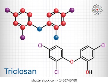 Triclosan molecule. It is  polychloro phenoxy phenol with antibacterial, antimicrobial, antifungal activity.  Sheet of paper in a cage. Structural chemical formula and molecule model. Vector 