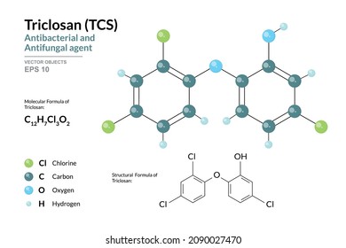 Triclosan. TCS. Antibacterial and Antifungal agent. Antiseptic. Pesticide. Structural Chemical Formula and Molecule 3d Model. C12H7Cl3O2. Atoms with Color Coding. Vector Illustration  svg