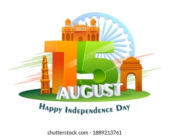 Tricolor 3D 15 August Text With India Famous Monuments And Ashoka Wheel On White Background For Happy Independence Day.