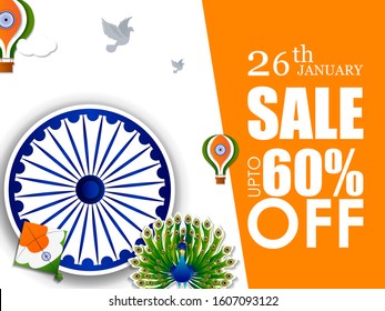 Tricolor background for 26th January Happy Republic Day of India Freedom Sale and Promotion. Vector illustration