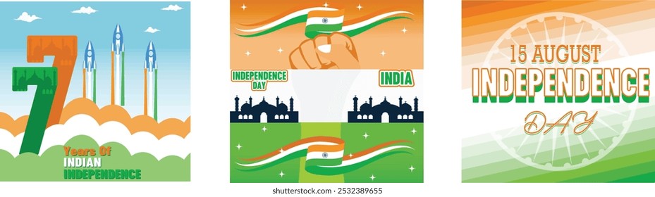 Tricolor banner with Indian flag for 77th Indian Independence Day. Happy Indian independence day. Creative for Indian independence day 15 August with Ashoka Wheel. Set flat vector modern illustration