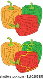 Tricolor bell peppers maze for younger kids with a solution