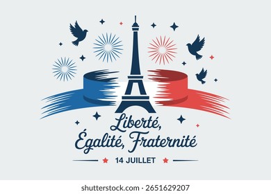 Tricolor brushstroke Eiffel Tower design with liberty equality fraternity slogan for French national holiday