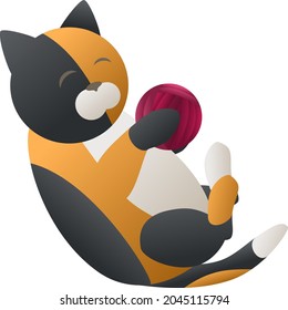 Tricolor cat or calico cat playing with the ball of yarn, vector illustration for children
