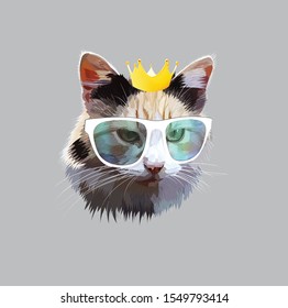 tricolor cat with a crown and glasses vector illustration