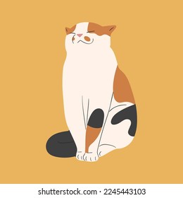 Tricolor cat cute 1 on a yellow background, vector illustration.
