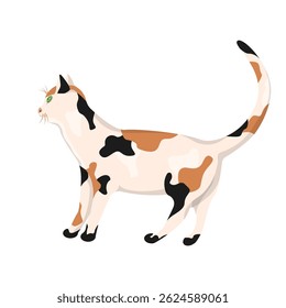 A tricolor cat isolated on a white background.Vector illustration of a pet.
