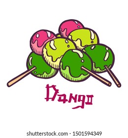 Tricolor dango on a stick. Pink, green and yellow balls of white rice in a sauce. Traditional dessert for festivals of Japanese cuisine. Vintage retro style. Isolated clipart set.