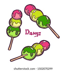 Tricolor dango on a stick. Pink, green and yellow balls of white rice in a sauce. Traditional dessert for festivals of Japanese cuisine. Vintage retro style. Isolated clipart set.