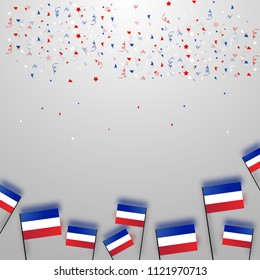 tricolor french flag flying with falling confetti background. happy bastille day. 