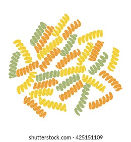 Tricolor fusilli pasta on the white background. Vector hand drawn food illustration. Corkscrew shaped pasta