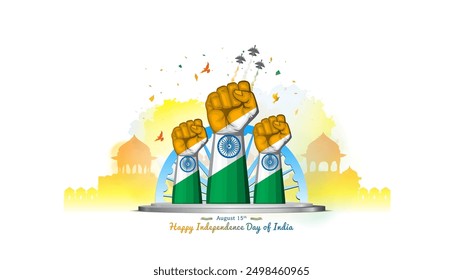 Tricolor hand fist and red fort background greeting for independence day of India.