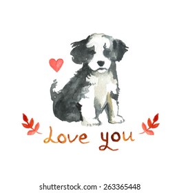 tricolor havanese puppy watercolor illustration. Sweet card. Background with cute dog. Love you. baby animal. 