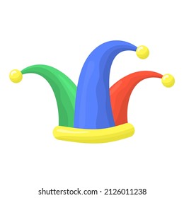 Tricolor jester's cap with bells. Clipart in cartoon style for decorative projects. Simple vector illustration