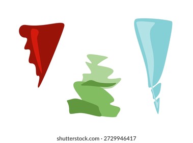 Combinação mínima de vetores tricolores em formas de cone triangular vermelho, verde e ciano. Curvas orgânicas suaves, forma dinâmica pura. Conceitos de logotipo, embalagem abstrata ou fundos de design decorativos.