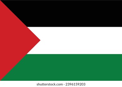 The tricolor Palestinian flag of three equal horizontal stripes (black, white, and green from top to bottom) surmounted by a red triangle extending from the hoist.