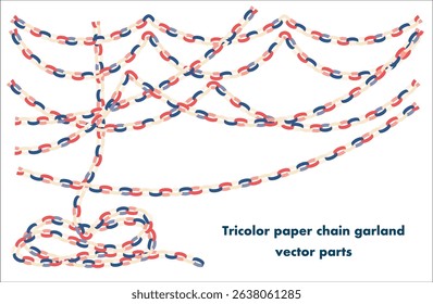 Tricolor paper chain garland vector elements – red, white and blue paper loop decorations for party, celebration or school event, isolated on transparent background