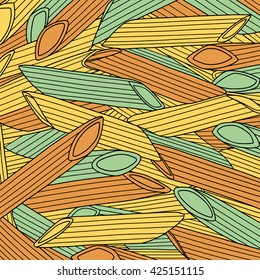 Tricolor penne pasta vector background for kitchen and cafe 