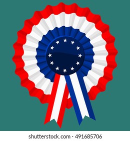 Tricolor Rosette, with stars in the center and ribbons. Flat color style design vector.