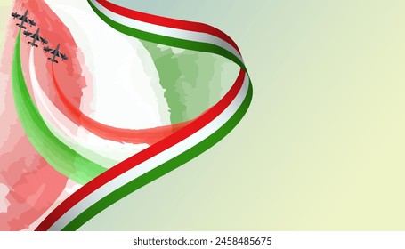 Tricolor in the skies for Republic Day air show,  jet parade in Italy  flag ribbon banner with black and white background, poster, card, template, layout. Italy patriotic National holiday promo