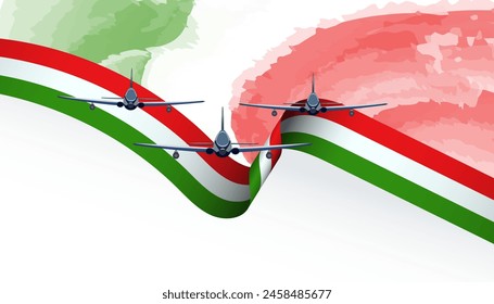 Tricolor in the skies for Republic Day air show,  jet parade in Italy  flag ribbon banner with black and white background, poster, card, template, layout. Italy patriotic National holiday promo