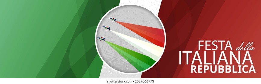 Tricolor in the skies for Republic Day air show, jet parade in Italy flag ribbon banner with black and white background, poster, card, template, layout. Italy patriotic National holiday promo