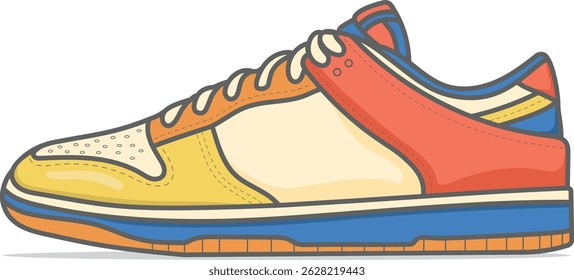 A tricolor sneaker illustration in side profile, perfect for sports fashion, urban streetwear branding, apparel templates, footwear icon sets, and vector design packs.