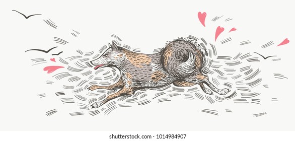 Tricolor spotted running dog, hand drawn character sketch. Ink vector illustration. Hound fast jumping with birds and hearts