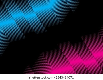 Tricolor striped vector background of blue and pink broken lines on a black background with space for text. Modern futuristic pattern. Background for covers, packaging, advertising. Aurora Borealis.