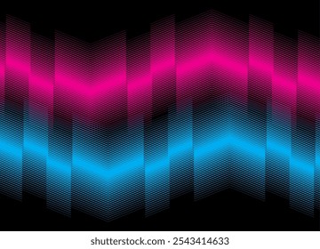Fondo de Vector de rayas tricolor de líneas rotas azules y rosadas sobre un fondo negro. Patrón futurista moderno. Neón. Láser. Fondo para cubiertas, embalaje, publicidad. Aurora Borealis