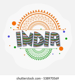 Tricolor Text India with Floral design decoration, Creative Poster, Banner for Indian Independence Day and Republic Day celebration.