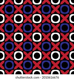 Tricolour circle and cross mark on a black background, Abstract vector backgrounds, Seamless pattern background.