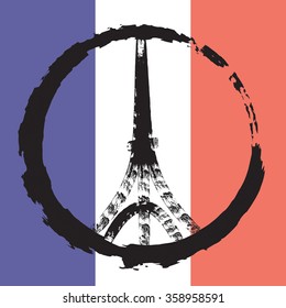 Tricolour flag background. Peace logo of Eiffel tower silhouette on the national flag of France.