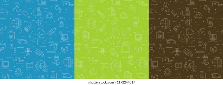 Tricoloured vector seamless pattern of Ecology, Environmental and Recycle with linear icons. Contains such Icons as  Car Battery, Earth Environment, Eco Bag, Energy Efficiency, Energy Save