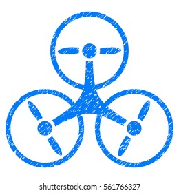 Tricopter Drone grainy textured icon for overlay watermark stamps. Flat symbol with dust texture. Dotted vector blue ink rubber seal stamp with grunge design on a white background.