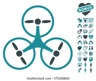 Tricopter Drone icon with bonus romantic pictograms. Vector illustration style is flat rounded iconic soft blue symbols on white background.