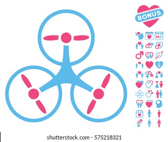 Tricopter Drone icon with bonus valentine pictograms. Vector illustration style is flat rounded iconic pink and blue symbols on white background.