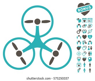 Tricopter Drone icon with bonus valentine pictures. Vector illustration style is flat rounded iconic grey and cyan symbols on white background.