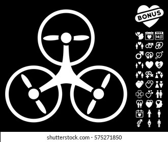 Tricopter Drone pictograph with bonus amour pictograms. Vector illustration style is flat rounded iconic white symbols on black background.