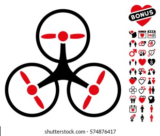 Tricopter Drone pictograph with bonus decoration pictograms. Vector illustration style is flat rounded iconic intensive red and black symbols on white background.