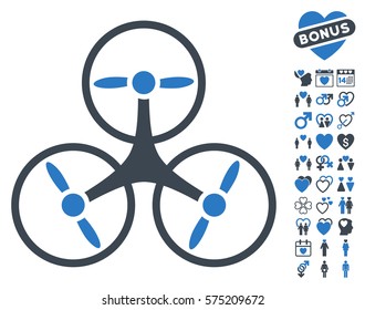 Tricopter Drone pictograph with bonus decoration icon set. Vector illustration style is flat rounded iconic smooth blue symbols on white background.