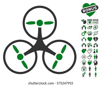 Tricopter Drone pictograph with bonus decorative design elements. Vector illustration style is flat rounded iconic green and gray symbols on white background.