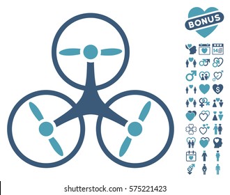 Tricopter Drone pictograph with bonus love symbols. Vector illustration style is flat rounded iconic cyan and blue symbols on white background.