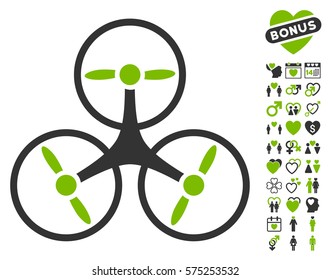 Tricopter Drone pictograph with bonus love pictograph collection. Vector illustration style is flat rounded iconic eco green and gray symbols on white background.