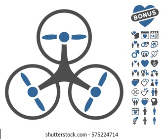 Tricopter Drone pictograph with bonus passion graphic icons. Vector illustration style is flat rounded iconic cobalt and gray symbols on white background.