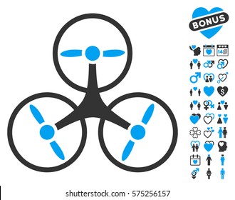 Tricopter Drone pictograph with bonus passion images. Vector illustration style is flat rounded iconic blue and gray symbols on white background.