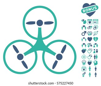 Tricopter Drone pictograph with bonus valentine clip art. Vector illustration style is flat rounded iconic cobalt and cyan symbols on white background.