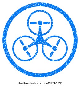 Tricopter grainy textured icon inside circle for overlay watermark stamps. Flat symbol with unclean texture. Circled dotted vector blue ink rubber seal stamp with grunge design on a white background.